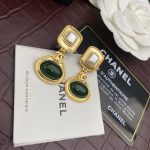 Dark Green Stone Thick Border Earrings Gold Tone For Women