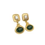 Dark Green Stone Thick Border Earrings Gold Tone For Women