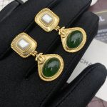 Dark Green Stone Thick Border Earrings Gold Tone For Women