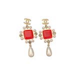 Dark Red Square Stone Earrings Gold Tone For Women