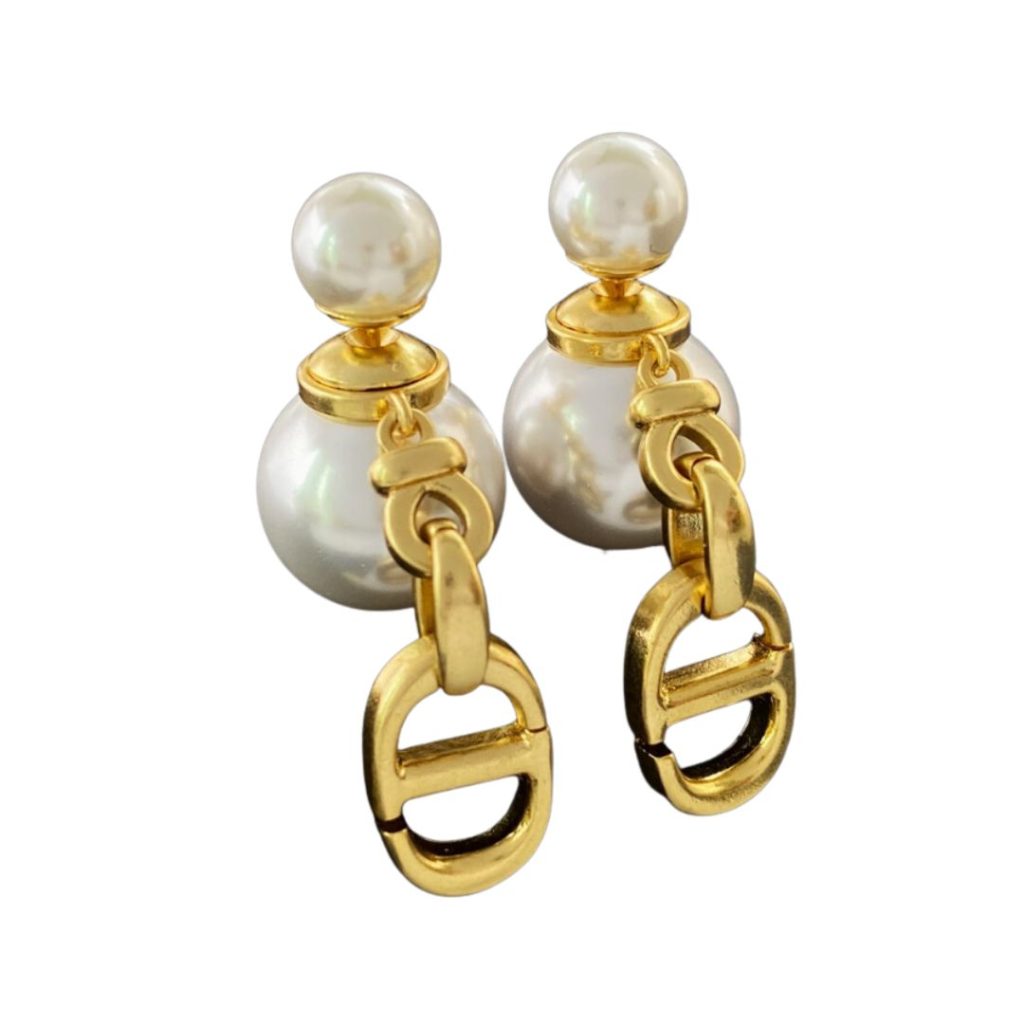 Dior Double Letter Plastic Bubble Pearl Earrings Gold For Women