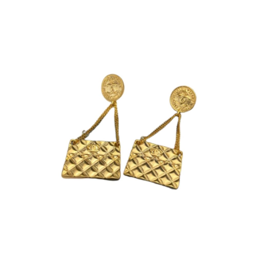 Engraved Douple C Handbag Earrings Gold Tone For Women