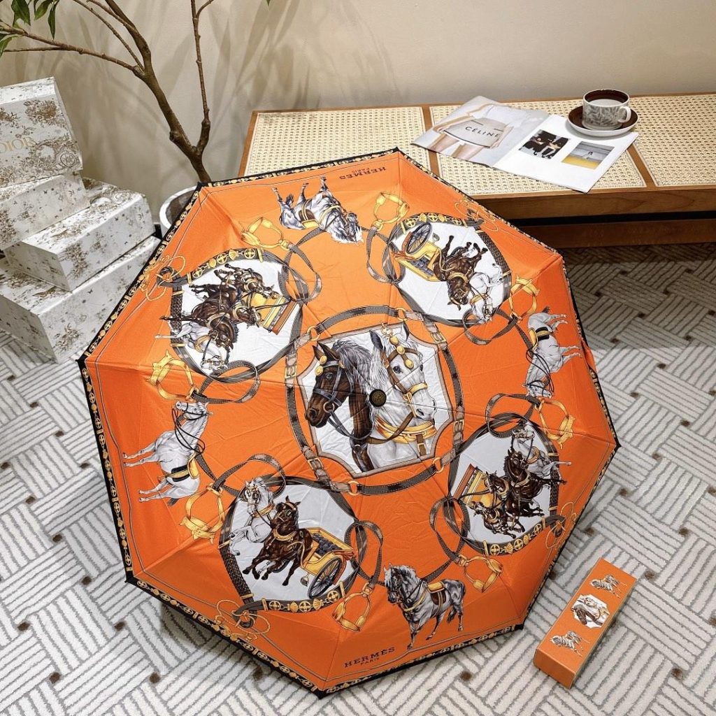 Hermes Long Umbrella With Horse Motif Orange