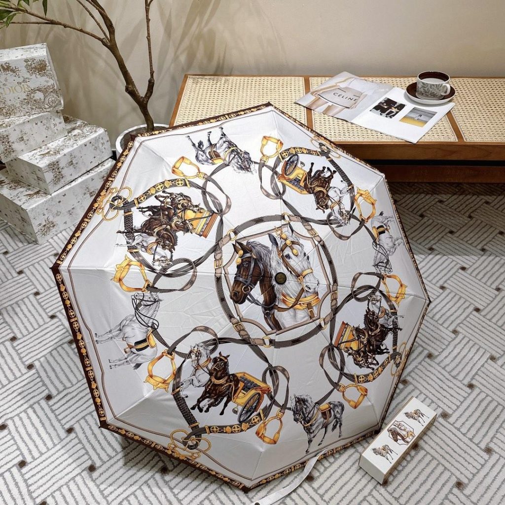 Hermes Long Umbrella With Horse Motif White