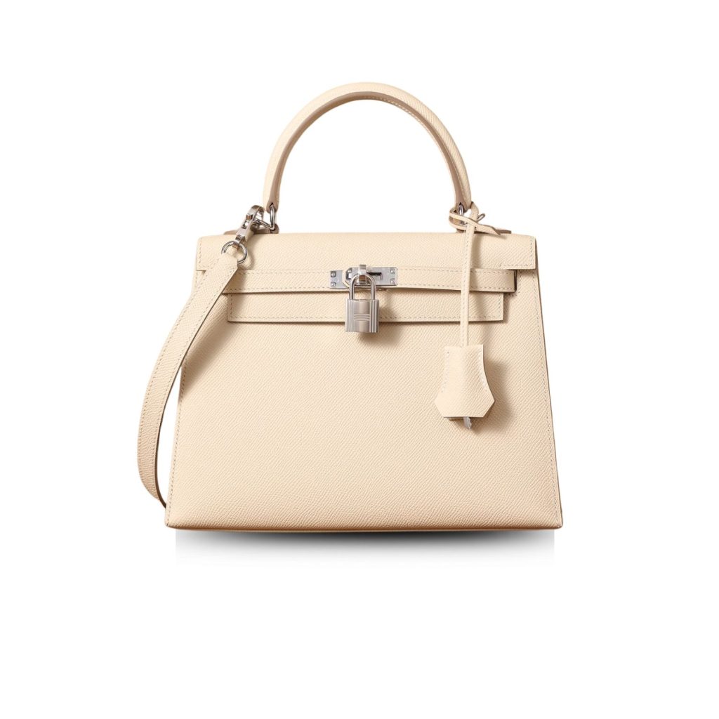 Hermes Kelly Epsom Silver Lock Bag Cream For Women 9,8in/25cm