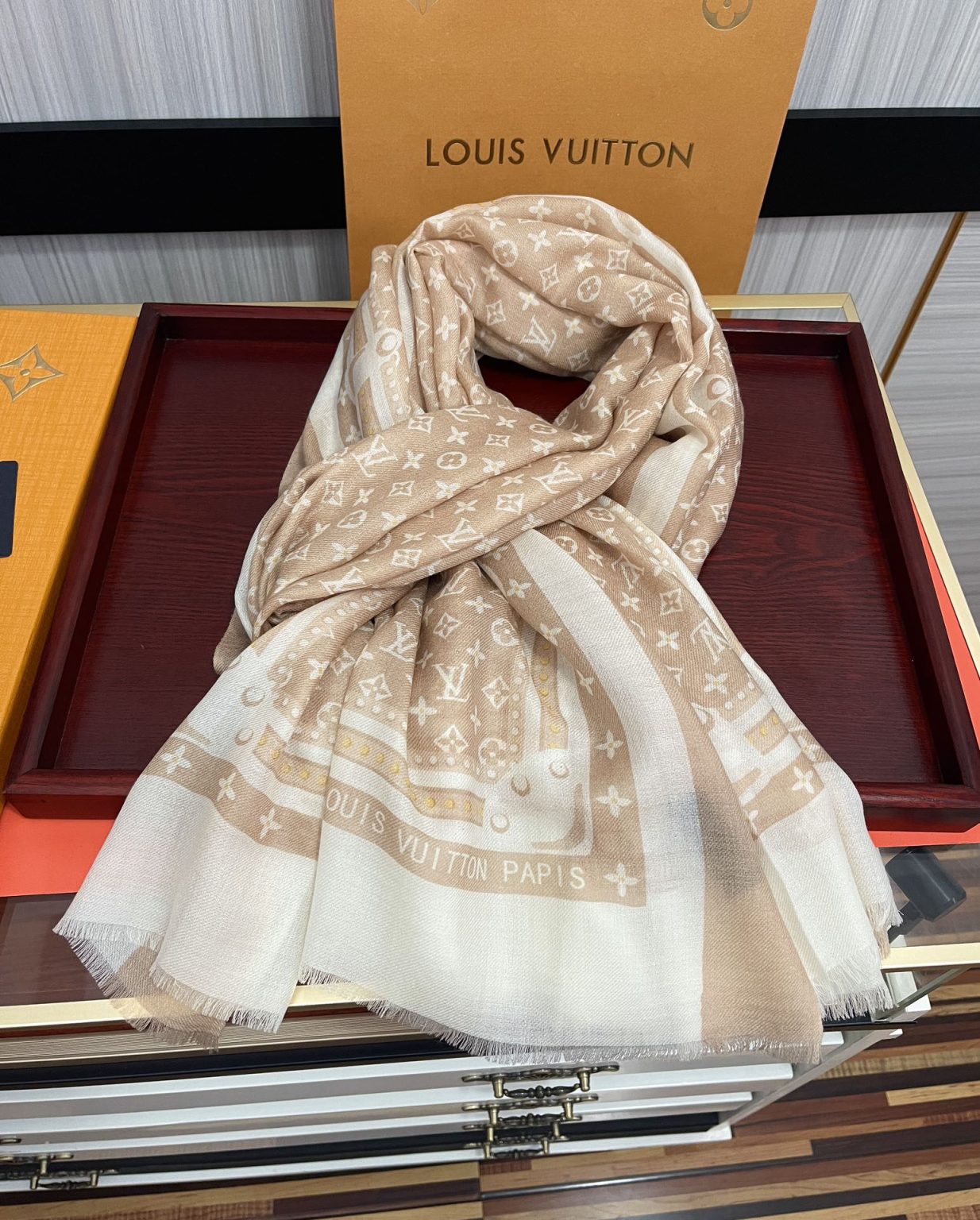 Louis Vuitton Ring Velvet Long Scarf Beige For Women