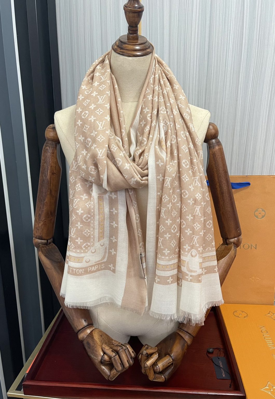 Louis Vuitton Ring Velvet Long Scarf Beige For Women