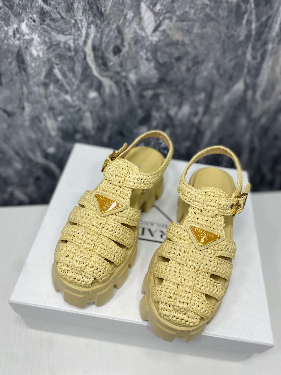 Prada Monolith Crochet Cage Sandals Yellow For Women