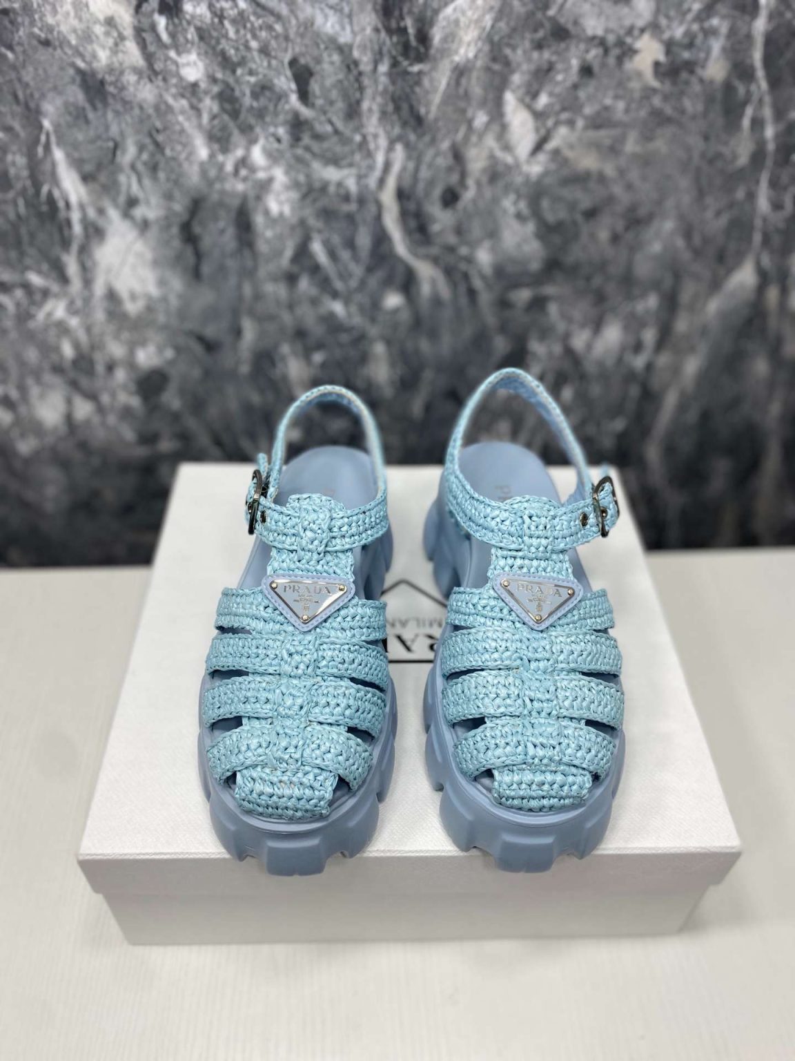 Prada Monolith Crochet Cage Sandals Blue For Women