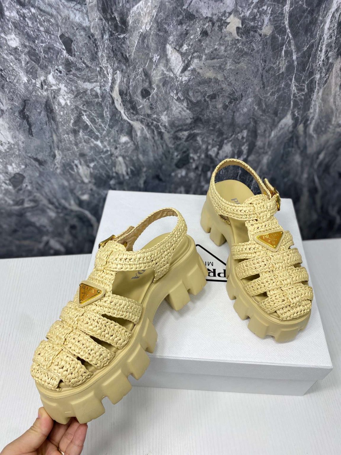 Prada Monolith Crochet Cage Sandals Yellow For Women