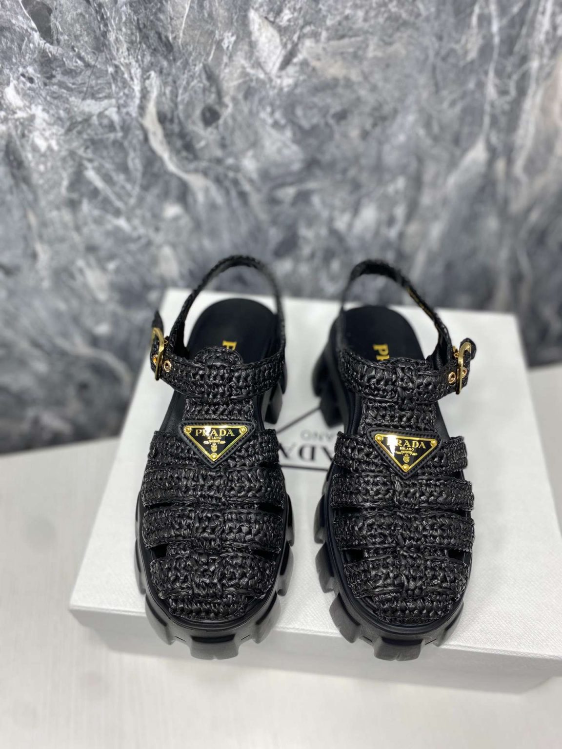 Prada Monolith Crochet Cage Sandals Black For Women