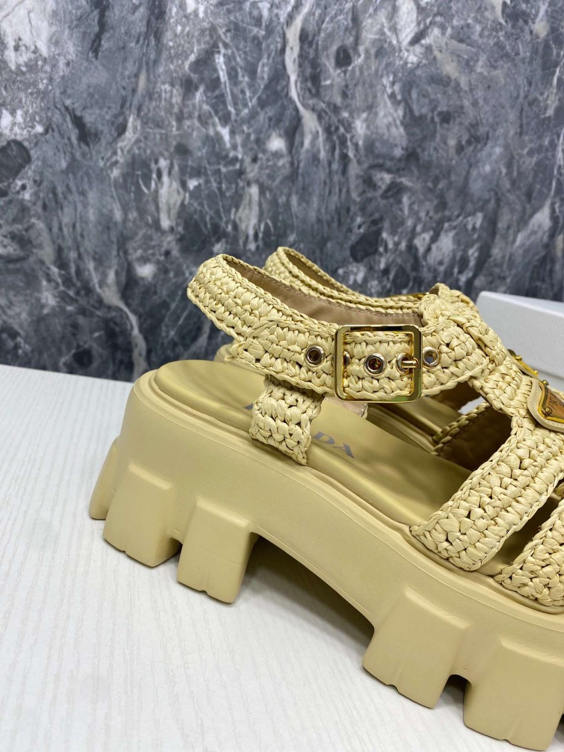 Prada Monolith Crochet Cage Sandals Yellow For Women