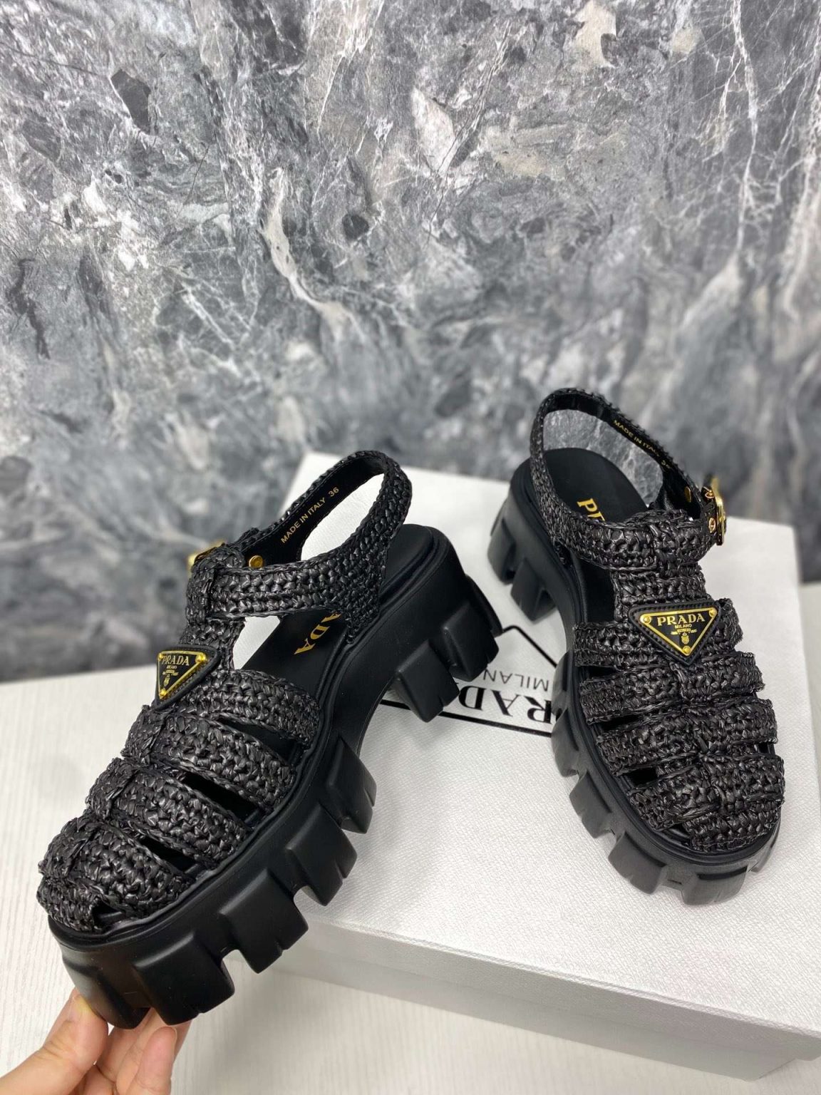 Prada Monolith Crochet Cage Sandals Black For Women