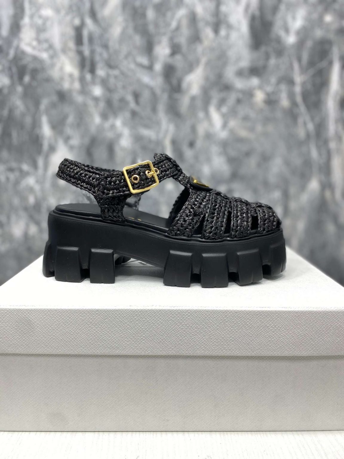 Prada Monolith Crochet Cage Sandals Black For Women