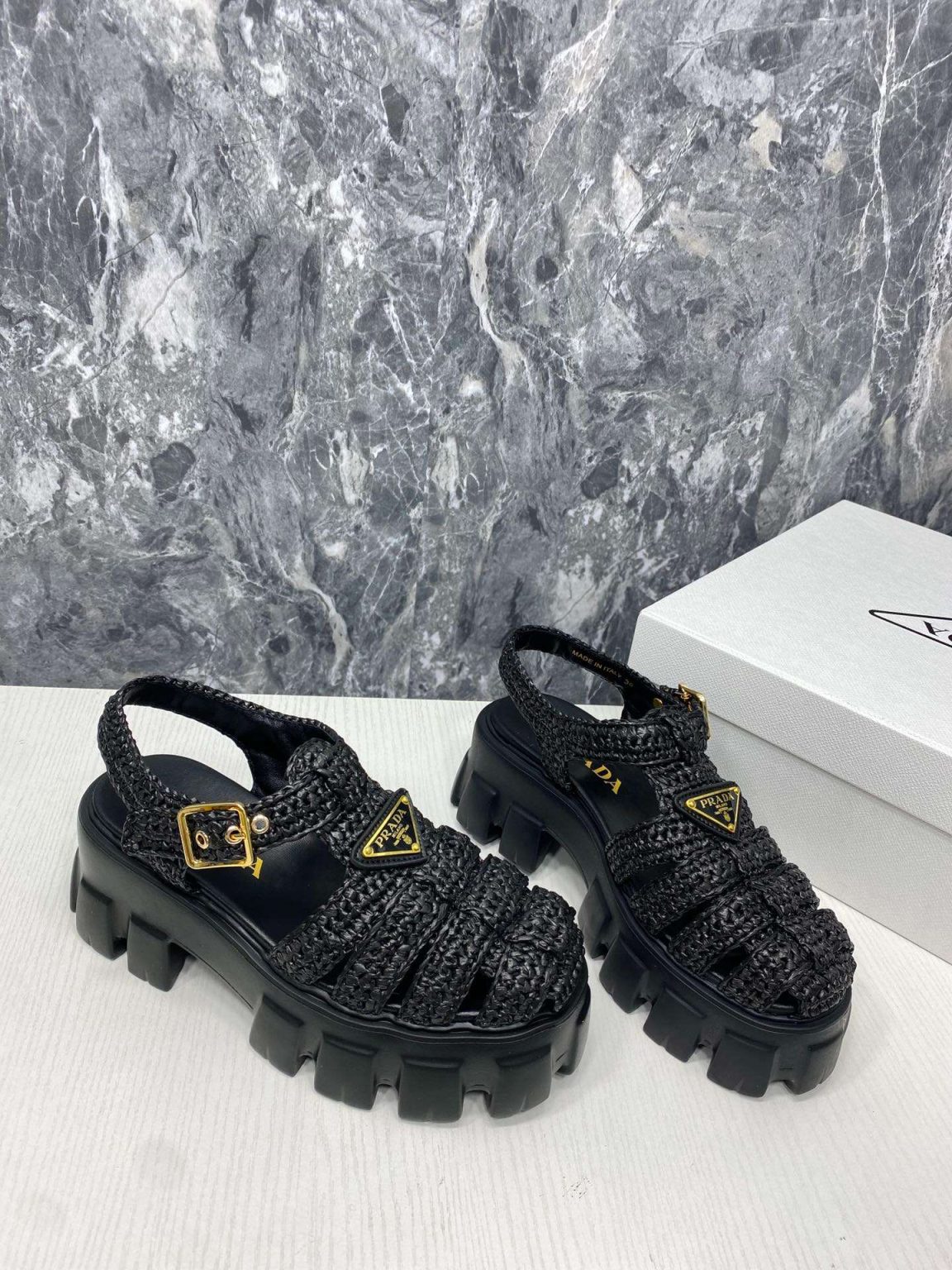 Prada Monolith Crochet Cage Sandals Black For Women