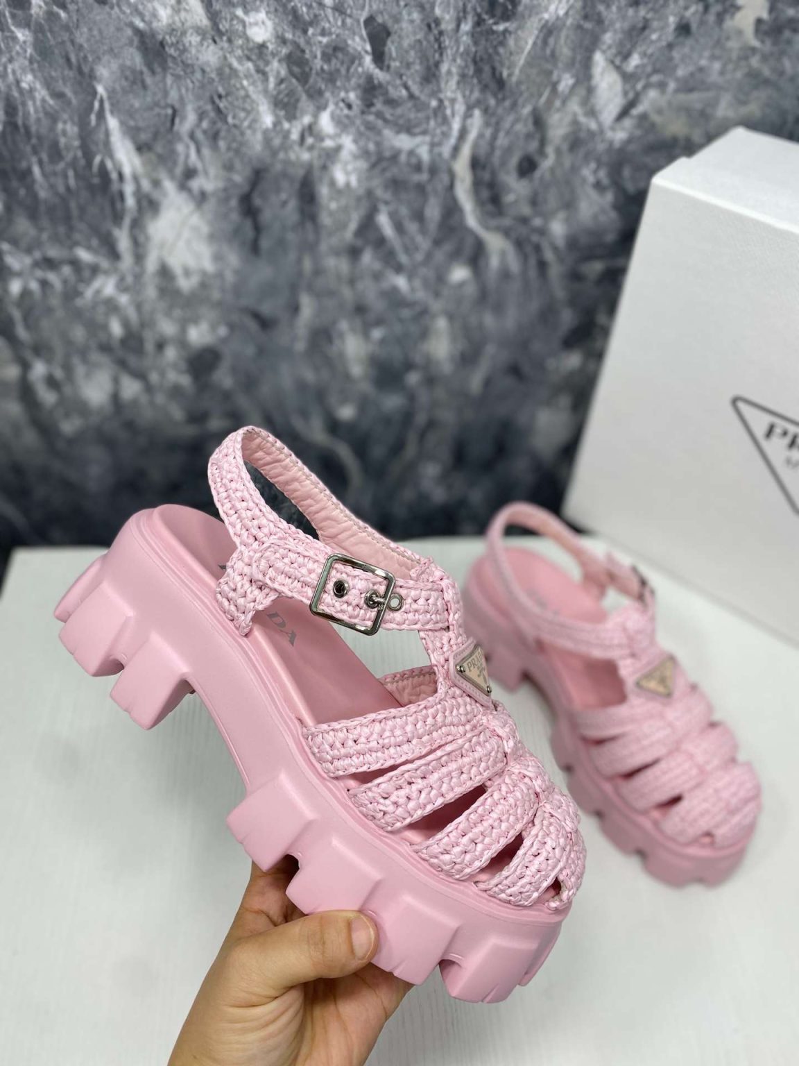 Prada Monolith Crochet Cage Sandals Pink For Women