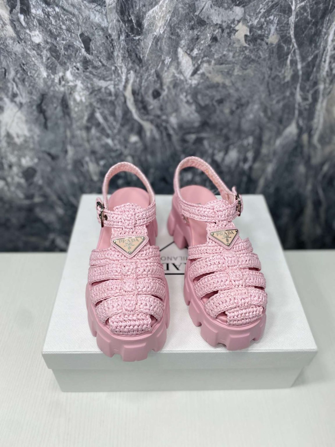 Prada Monolith Crochet Cage Sandals Pink For Women