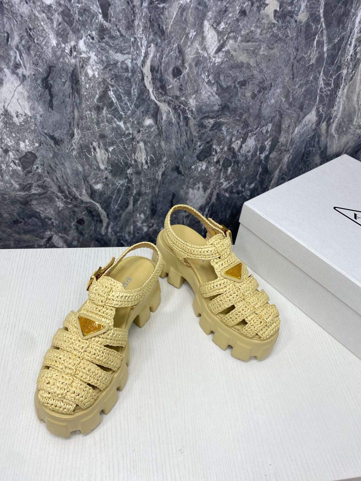 Prada Monolith Crochet Cage Sandals Yellow For Women