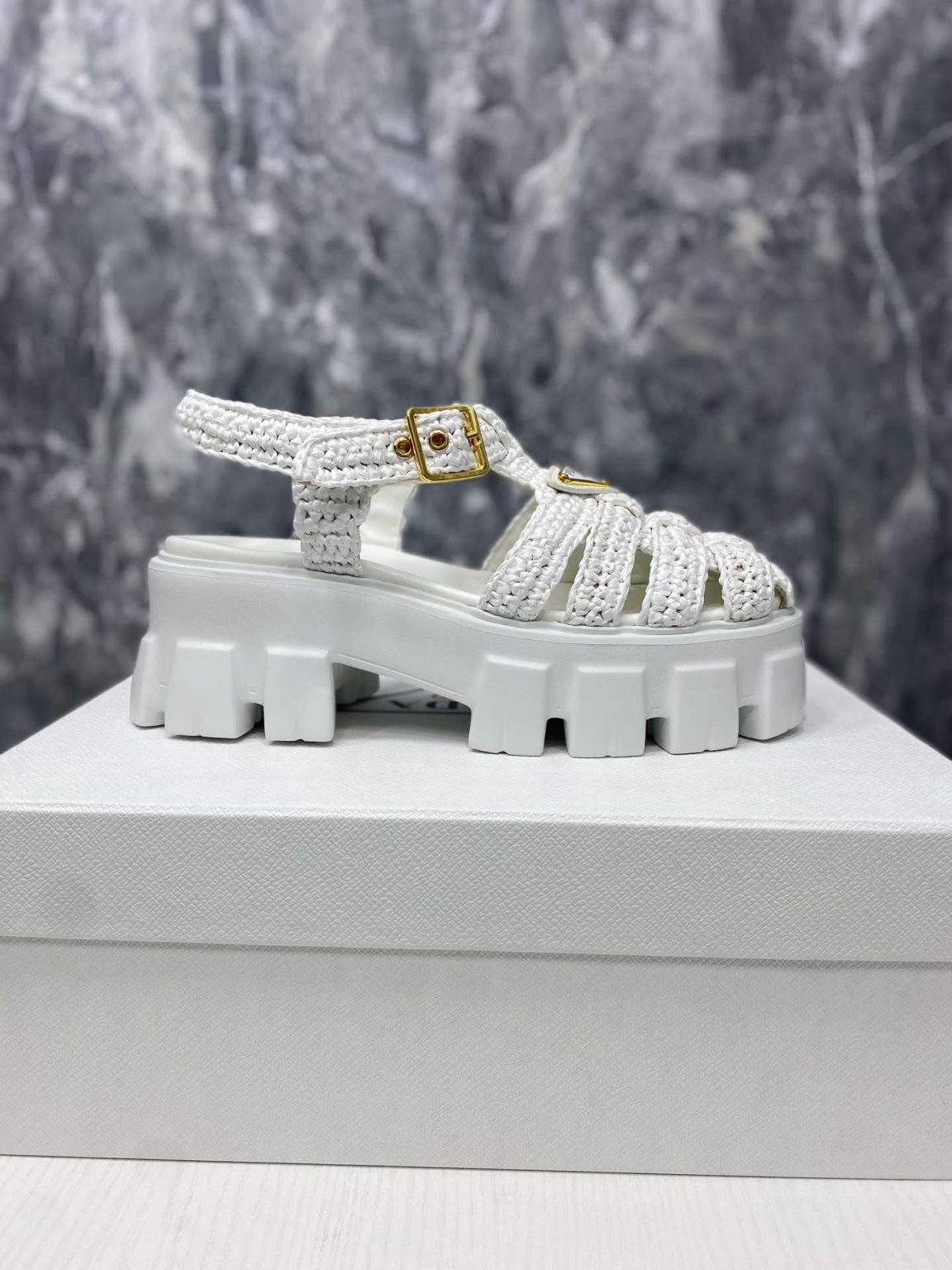 Prada Monolith Crochet Cage Sandals White For Women