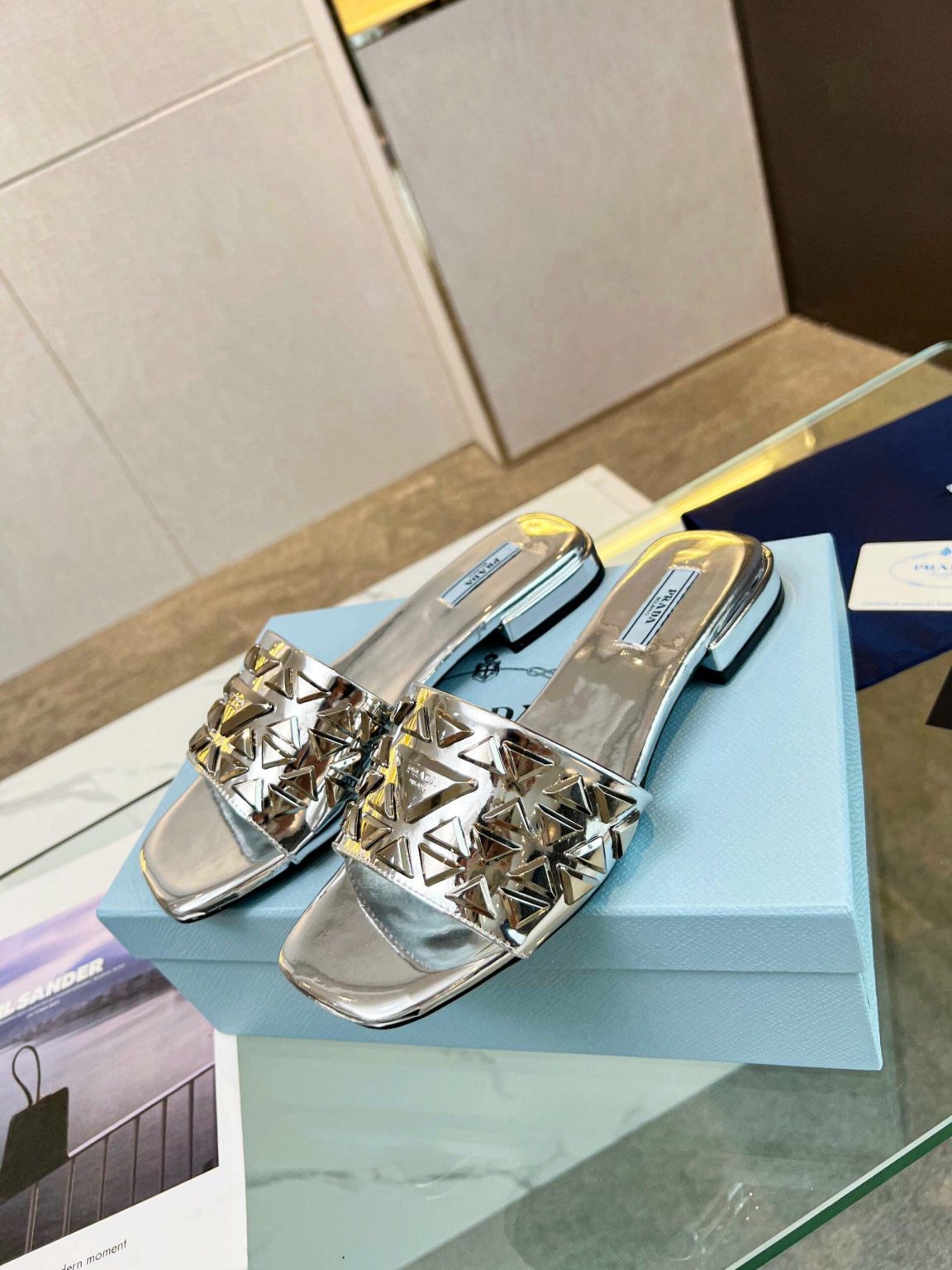 Prada Nappa Slides Silver For Women