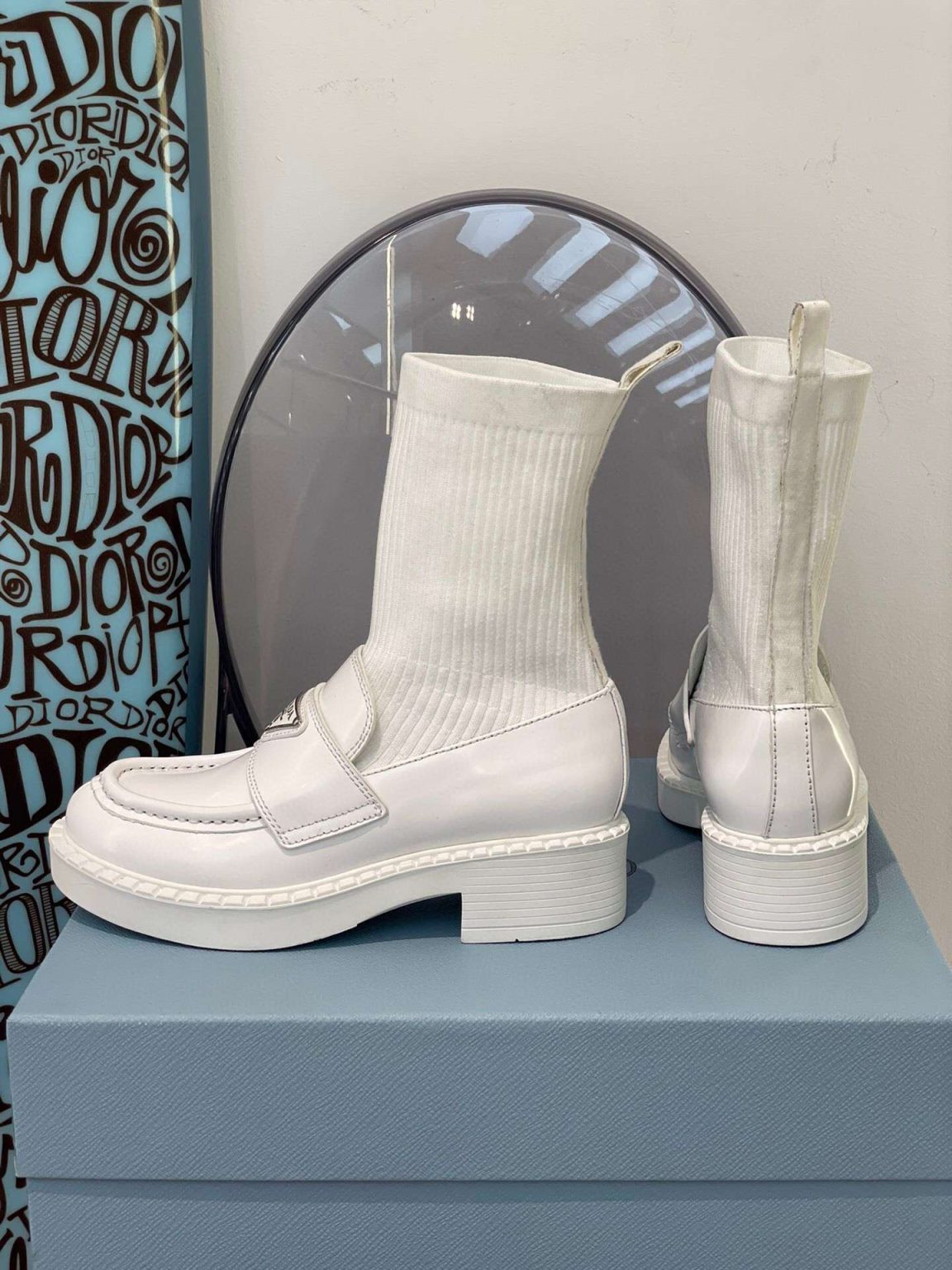 Prada Oxford Brushed Boots White For Women