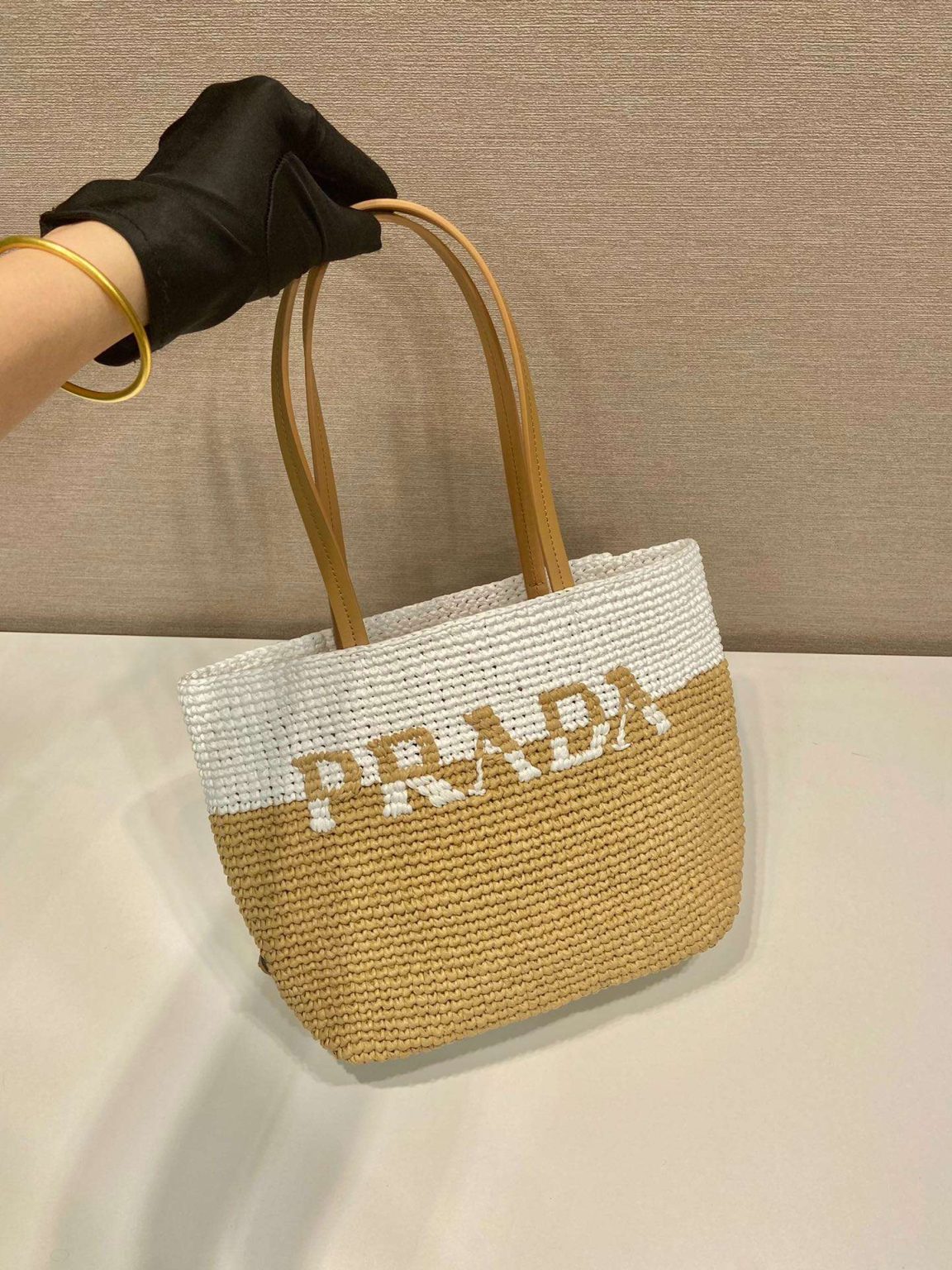 Prada Raffia Tote Bag Beige For Women 9.1in/23cm