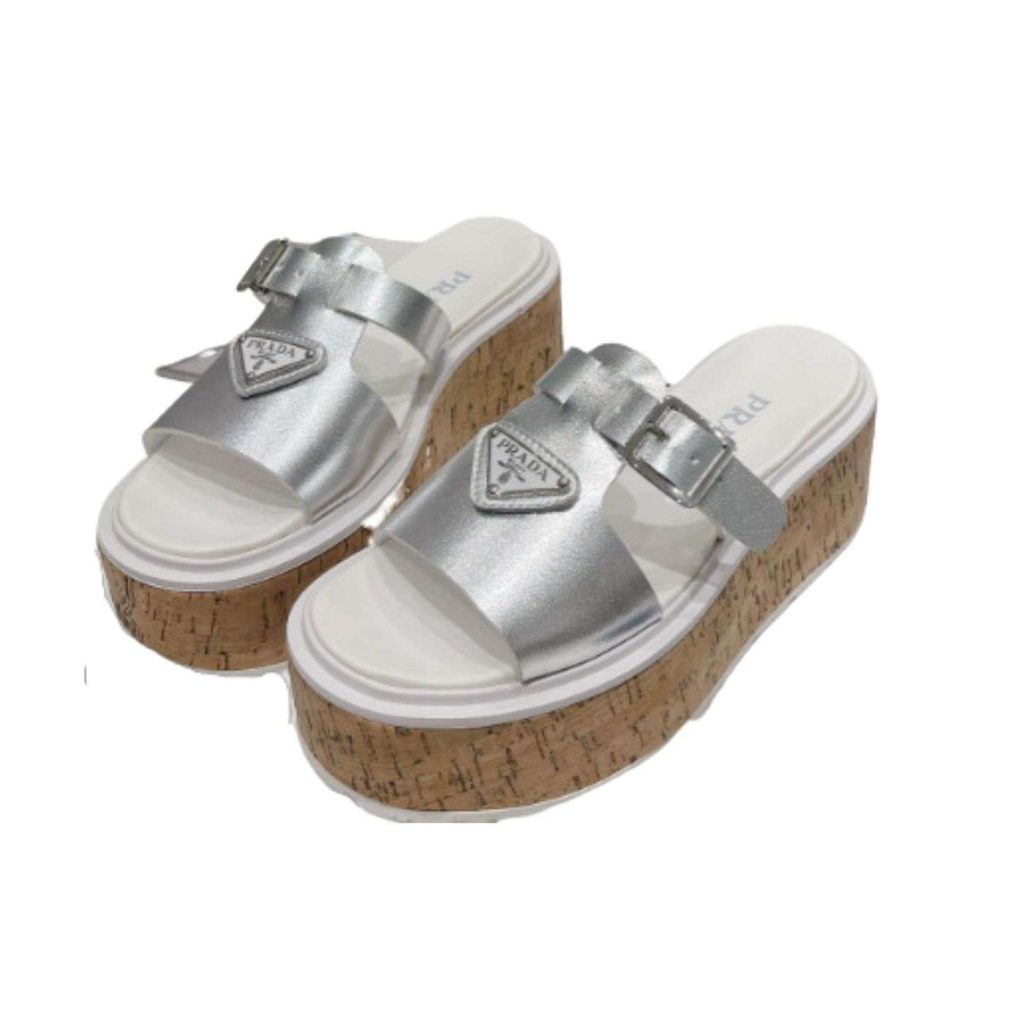 Prada Rubber Wedge Platform Slippers Silver For Women