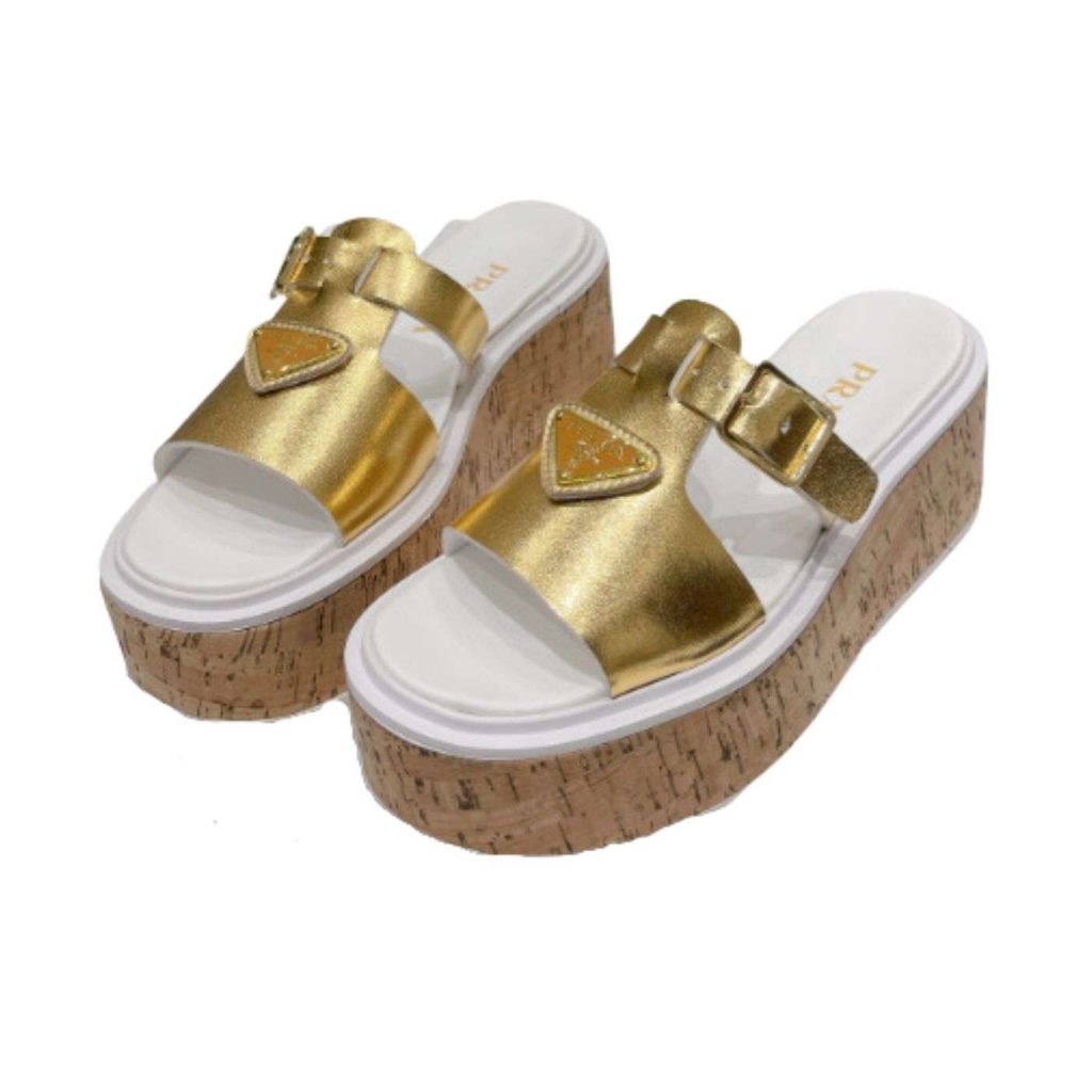 Prada Rubber Wedge Platform Slippers Gold For Women