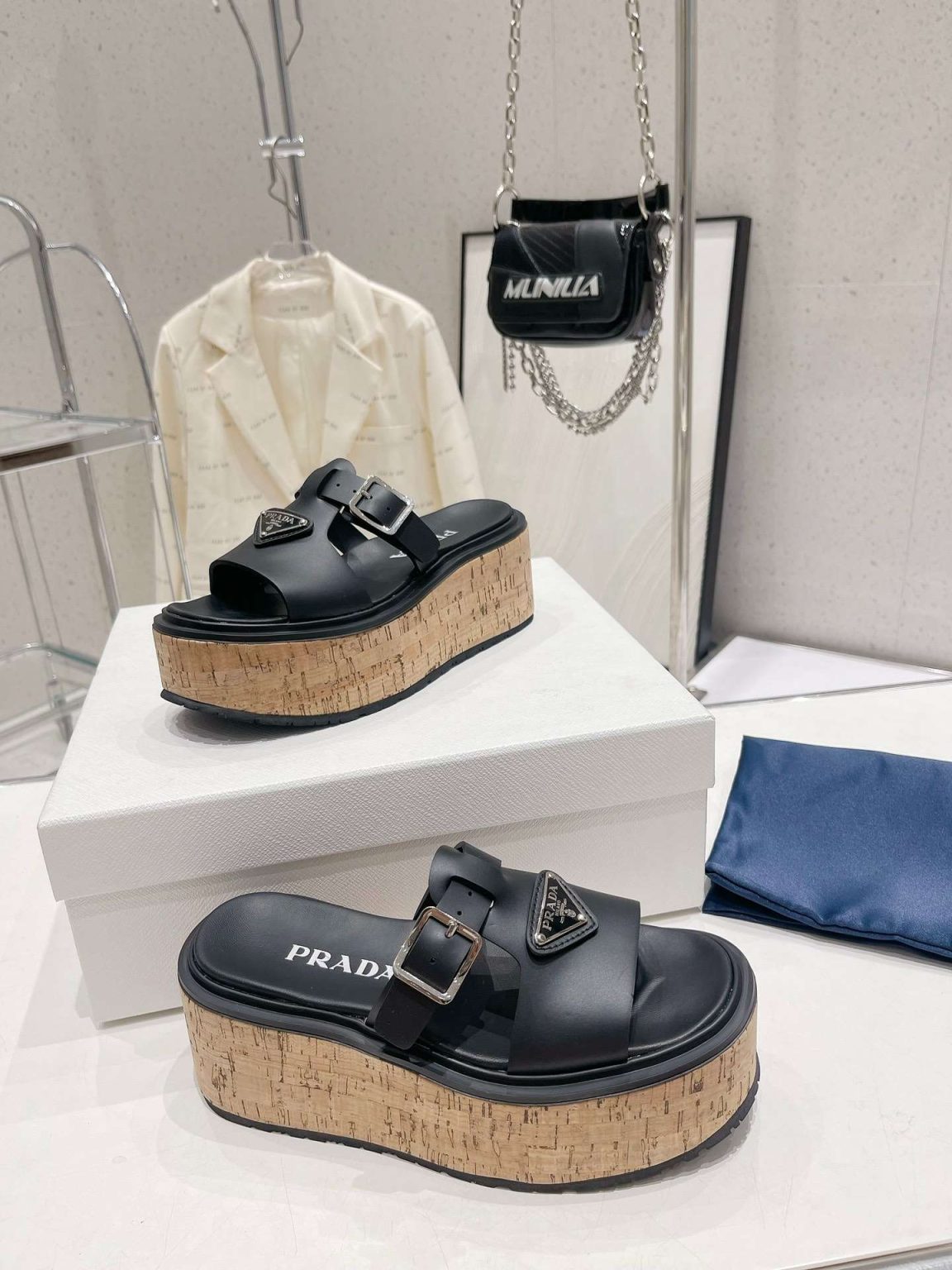 Prada Rubber Wedge Platform Slippers Black For Women