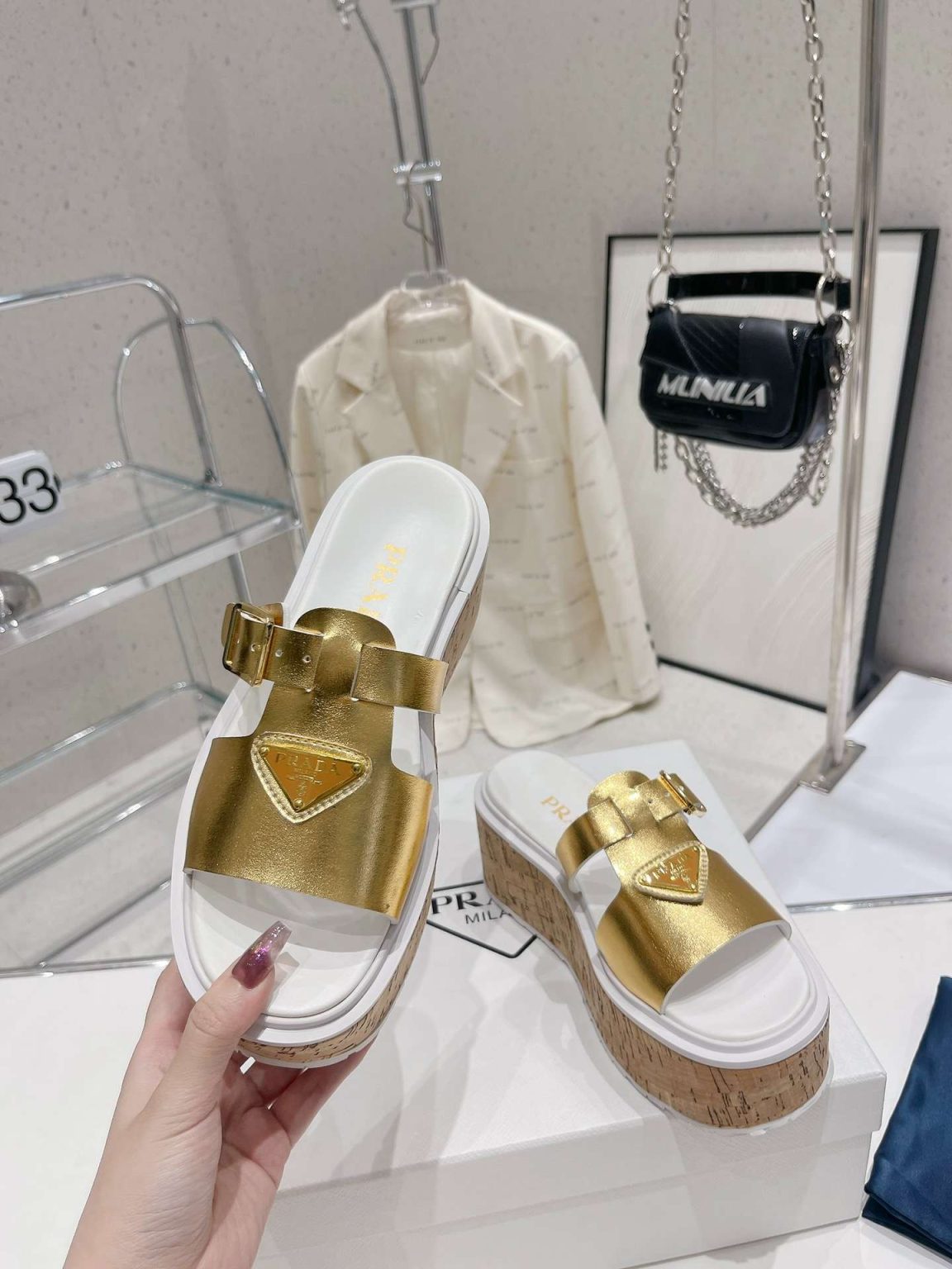 Prada Rubber Wedge Platform Slippers Gold For Women