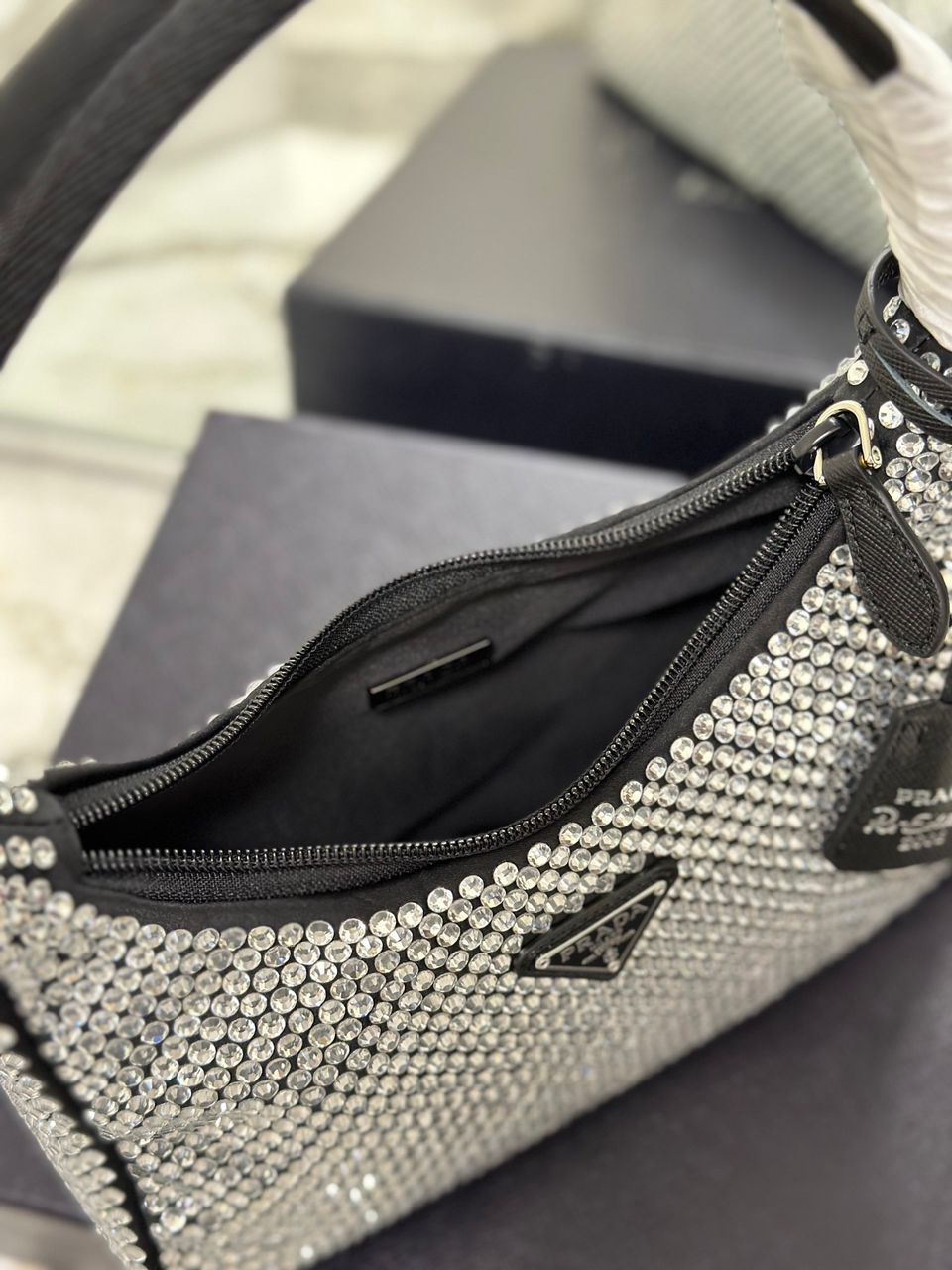 Prada Satin Mini-Bag With Crystals Silver For Women 8.6in/22cm 1BC515_2AWL_F0T7O_V_OOO