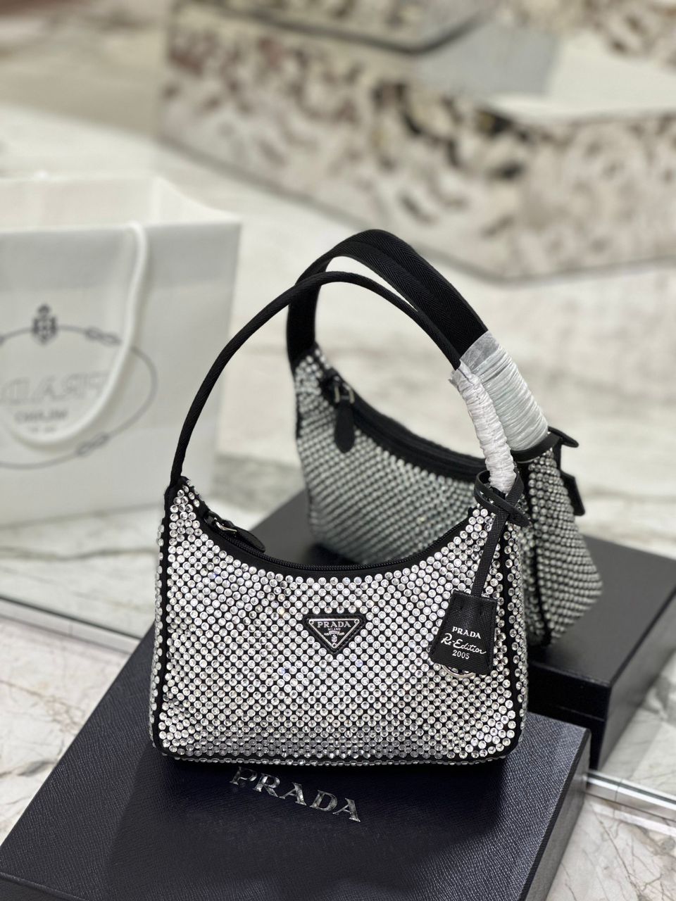 Prada Satin Mini-Bag With Crystals Silver For Women 8.6in/22cm 1BC515_2AWL_F0T7O_V_OOO