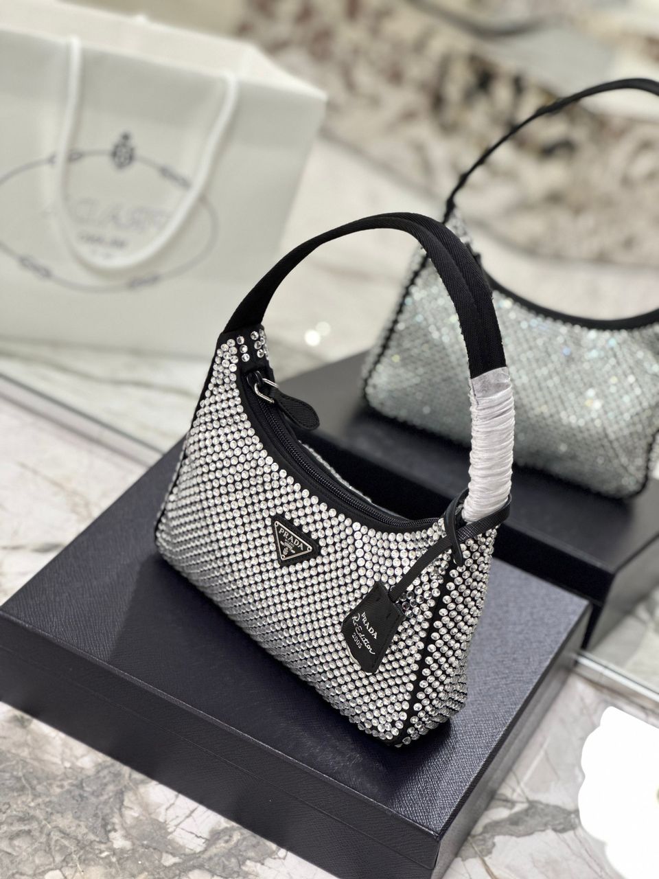 Prada Satin Mini-Bag With Crystals Silver For Women 8.6in/22cm 1BC515_2AWL_F0T7O_V_OOO