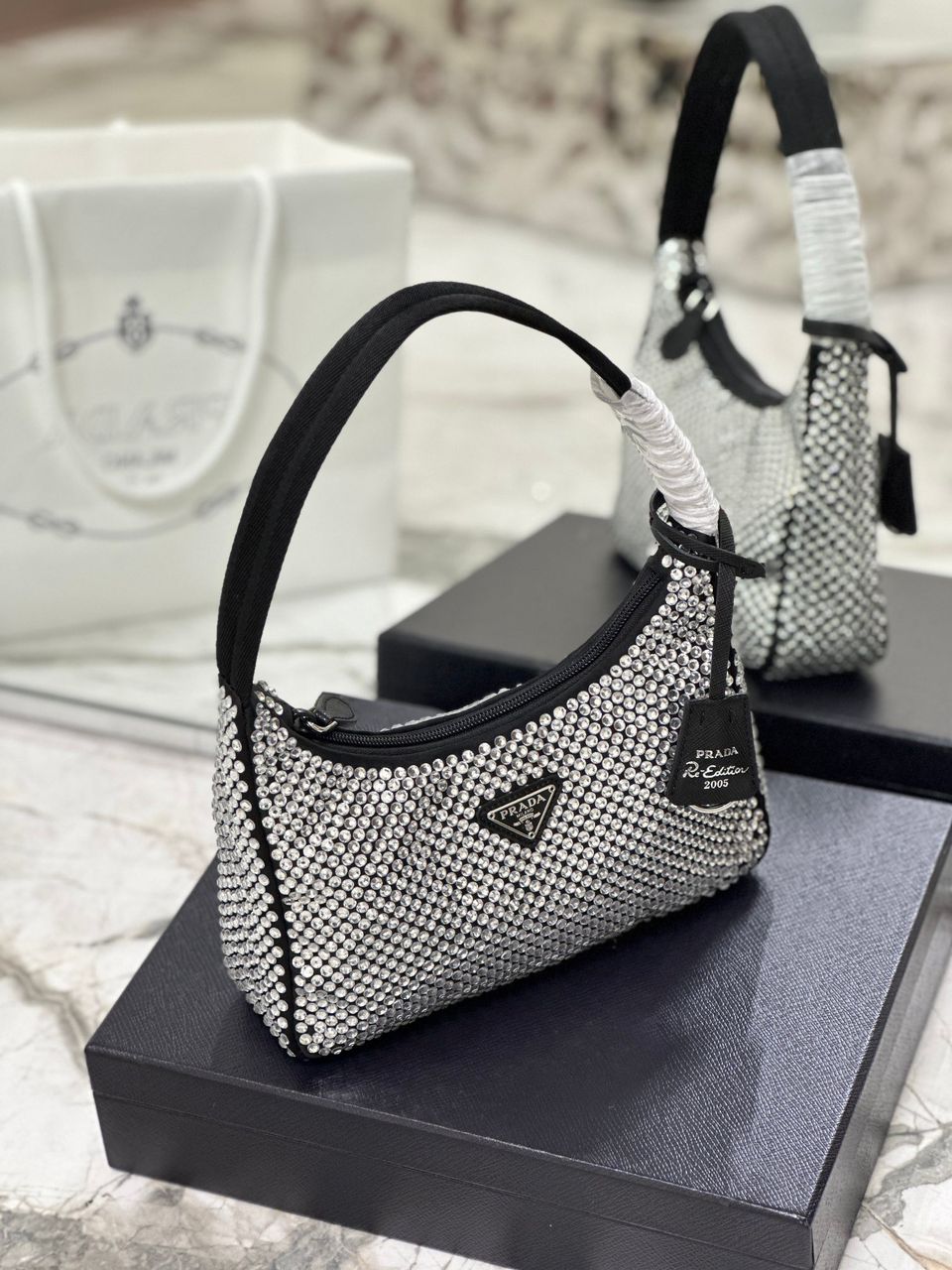 Prada Satin Mini-Bag With Crystals Silver For Women 8.6in/22cm 1BC515_2AWL_F0T7O_V_OOO