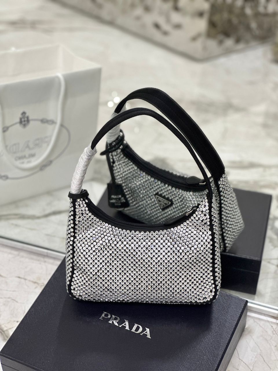 Prada Satin Mini-Bag With Crystals Silver For Women 8.6in/22cm 1BC515_2AWL_F0T7O_V_OOO