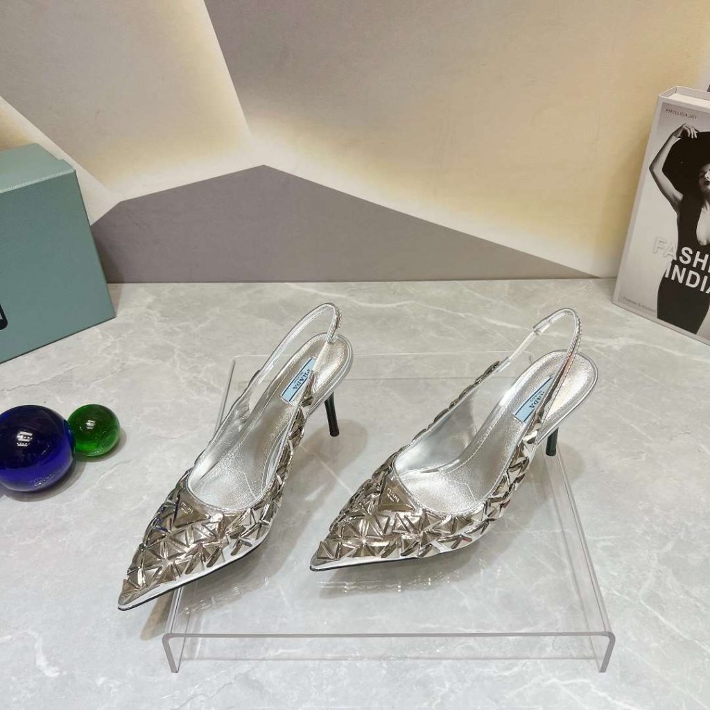 Prada Slingback Spike Pumps Silver For Women