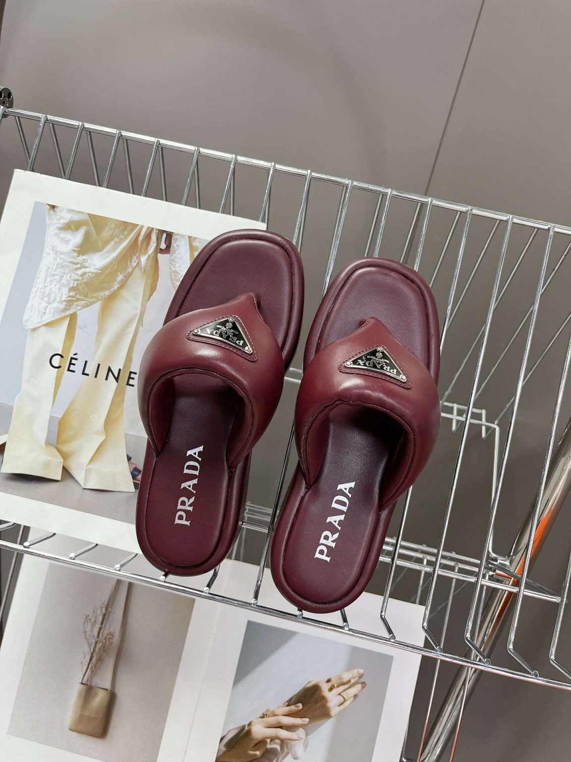 Prada Soft Padded Nappa Wedge Sandals Burgundy For Women