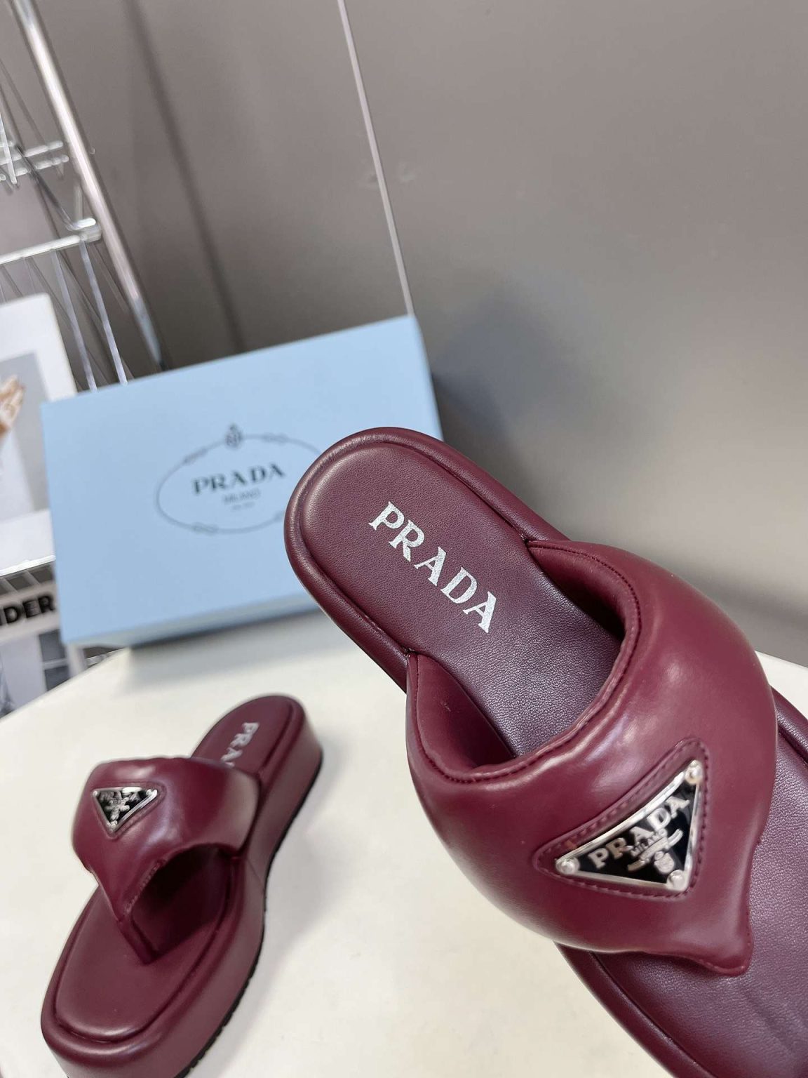 Prada Soft Padded Nappa Wedge Sandals Burgundy For Women