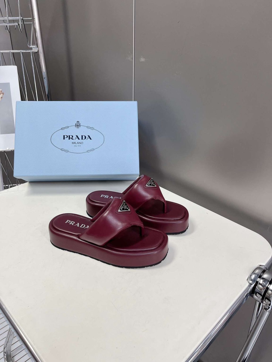 Prada Soft Padded Nappa Wedge Sandals Burgundy For Women