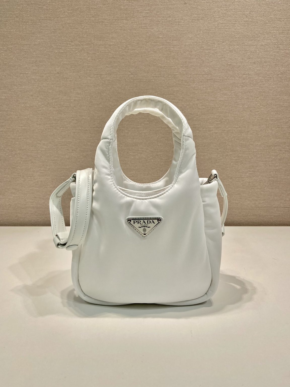 Prada Soft Padded Re-Nylon Mini-Bag White/Pink/Beige For Women 7.1in/18cm 1BA359_RCCJ_F0009_V_OVM