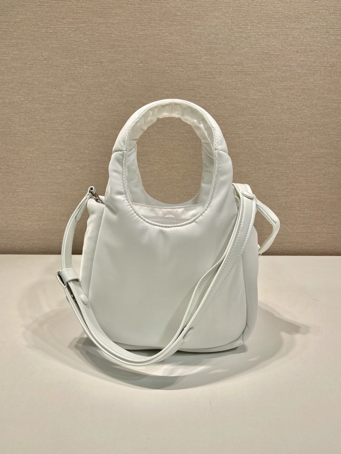 Prada Soft Padded Re-Nylon Mini-Bag White/Pink/Beige For Women 7.1in/18cm 1BA359_RCCJ_F0009_V_OVM