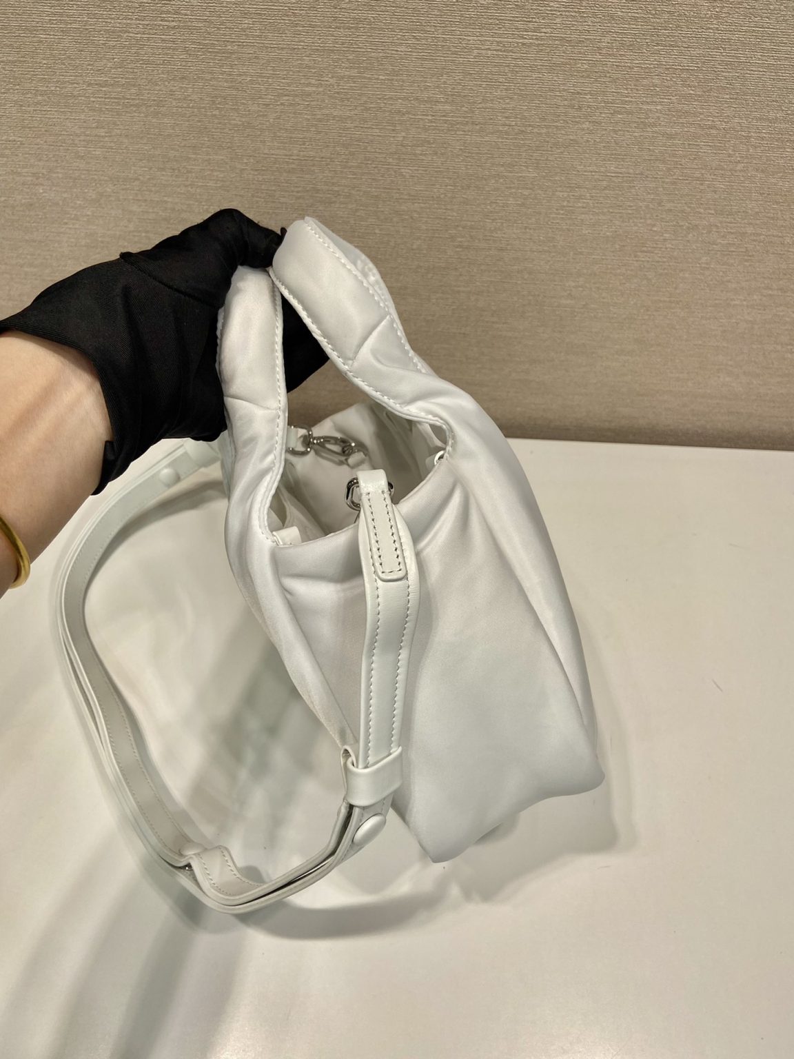 Prada Soft Padded Re-Nylon Mini-Bag White/Pink/Beige For Women 7.1in/18cm 1BA359_RCCJ_F0009_V_OVM