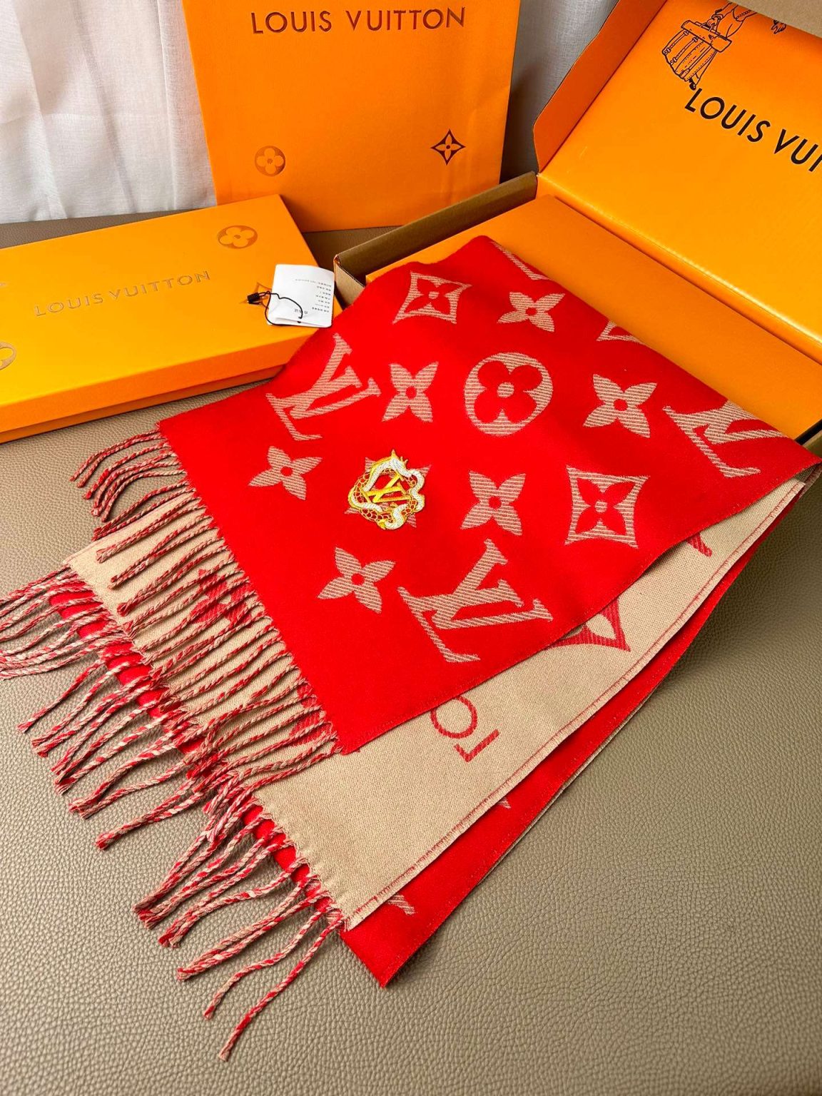 Louis Vuitton Precious Dragon LV Essential Scarf Red For Women