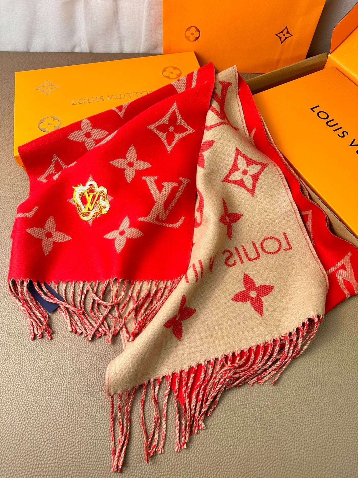 Louis Vuitton Precious Dragon LV Essential Scarf Red For Women