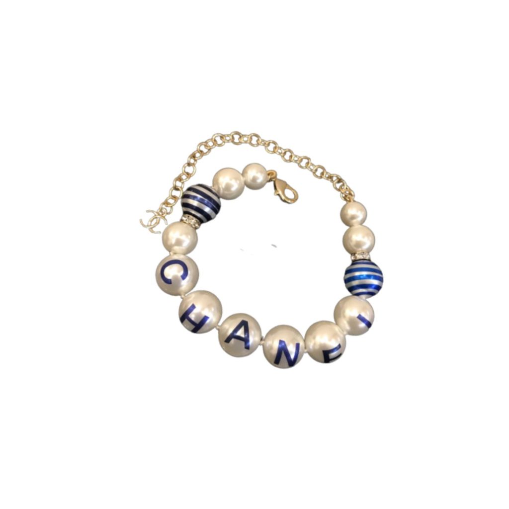 Chanel Printed Blue C-H-A-N-E-L Bracelet Gold Tone For Women