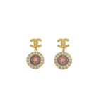 Red And Blue Pattern In Middle Circle Earrings Gold Tone For Women