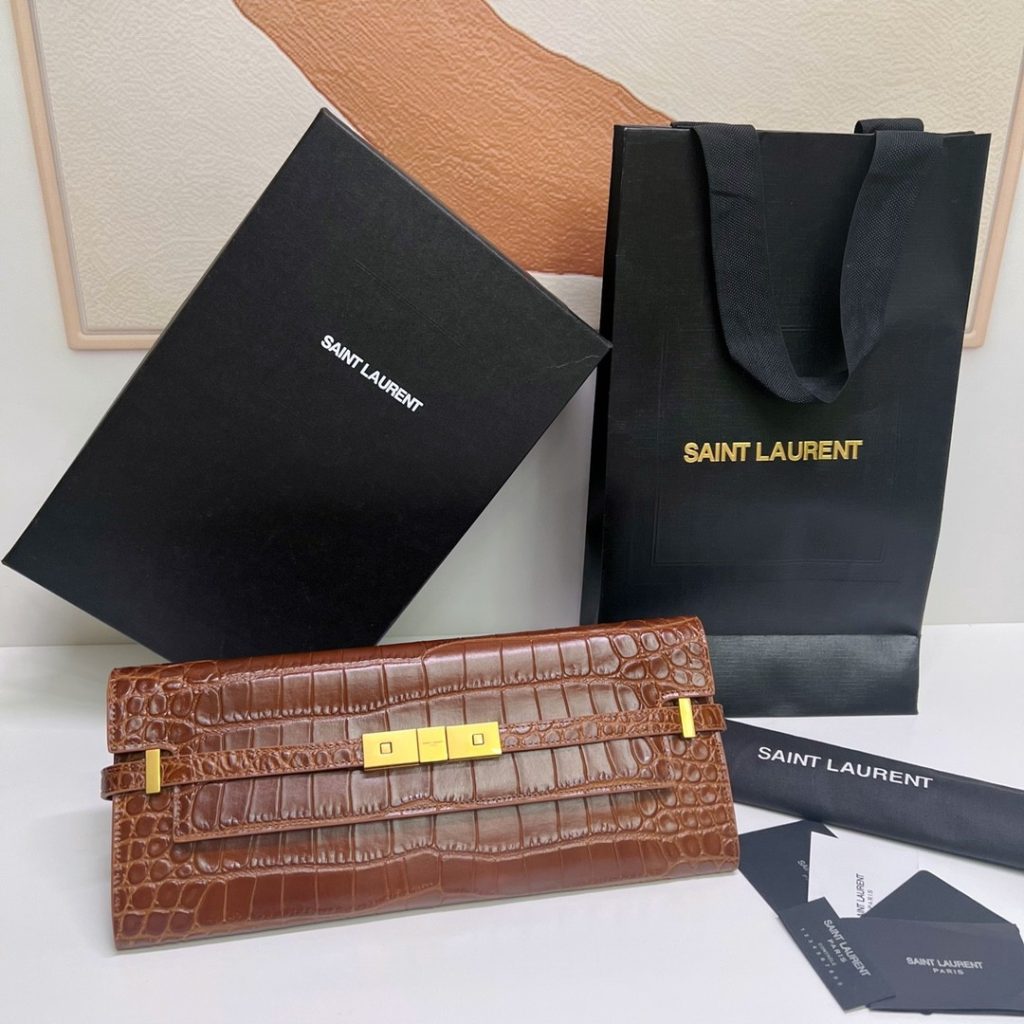 Saint Laurent Manhattan Clutch In Crocodile-Embossed Brown/Black For Women 31cm / 14in 695949AAAOH2591