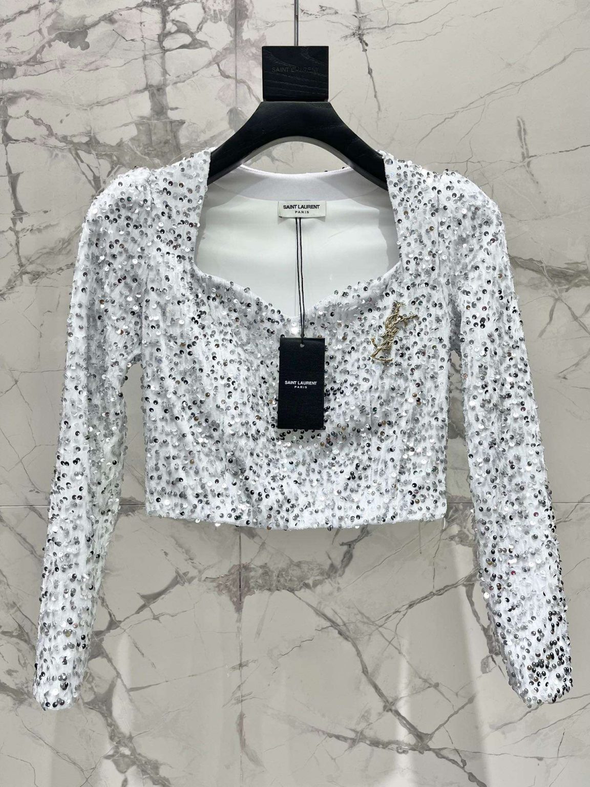 Saint Laurent Sequin Embroidered Top White For Women