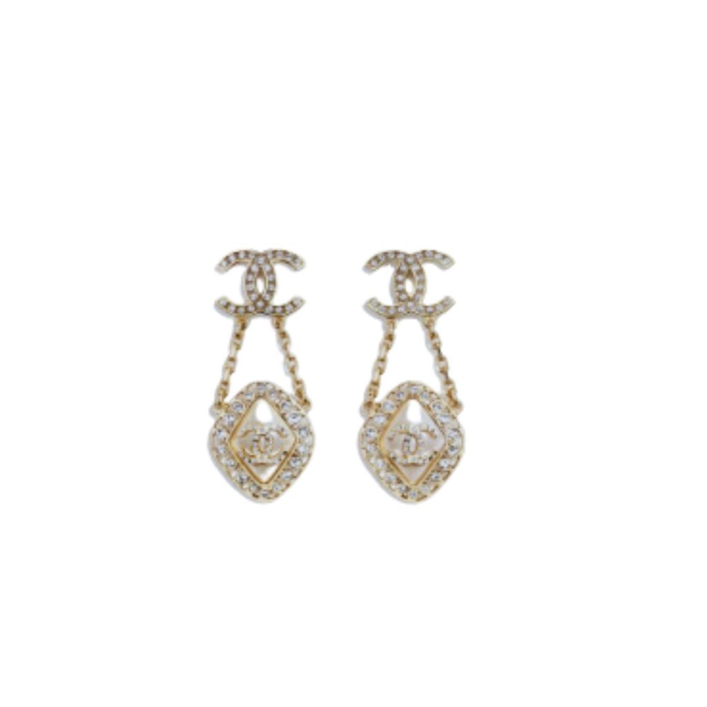 Small Twinkle Stone Border Rhombus Earrings Gold Tone For Women