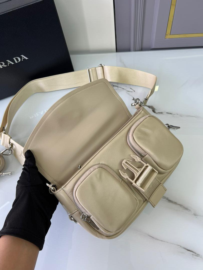 Prada Pocket Nylon And Brushed Bag Beige For Women, Women’s Bags 9in/23cm 1BD295_789_F0F24_V_BFO